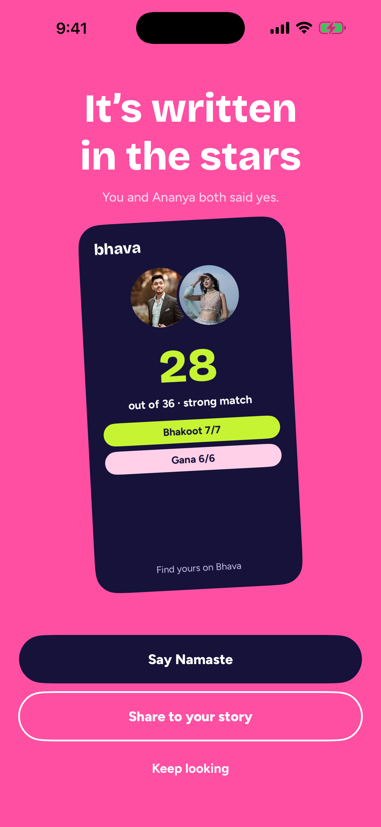 The match screen shown when both people say yes, with their shared score of 28 out of 36.