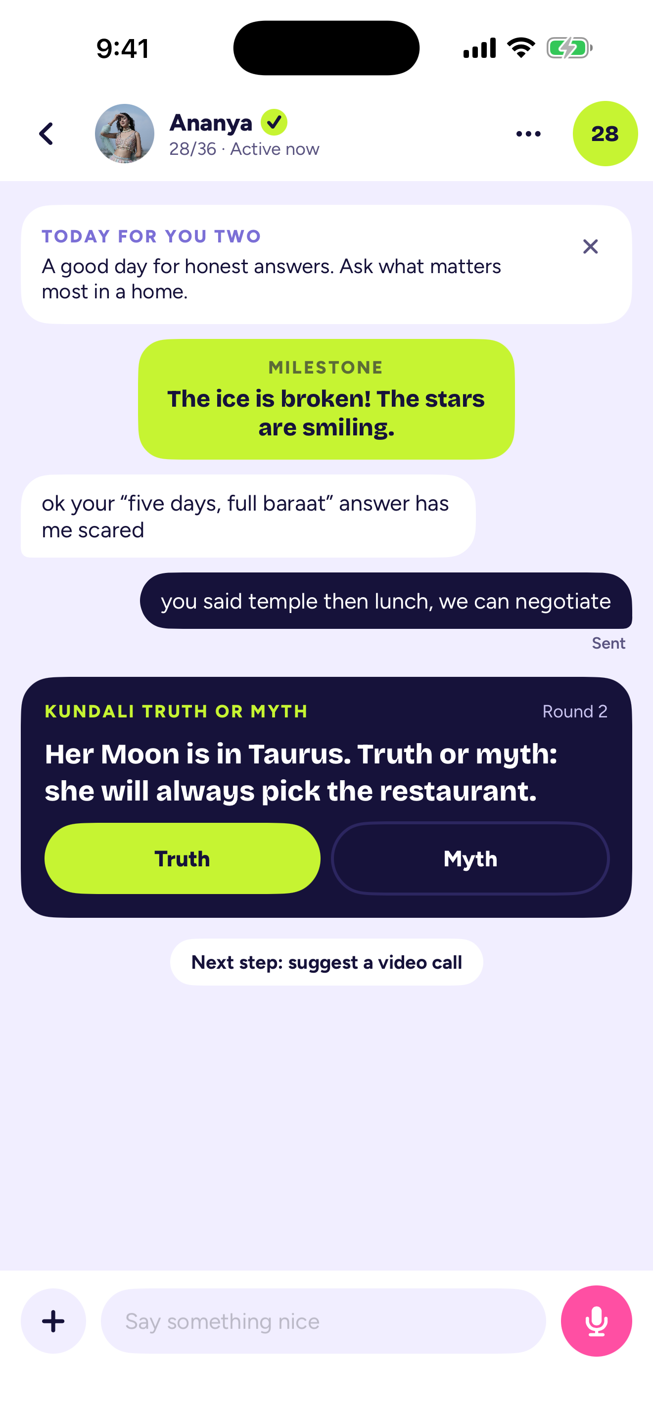 A chat between two matches, with a conversation prompt for the day and a Kundali truth-or-myth game.